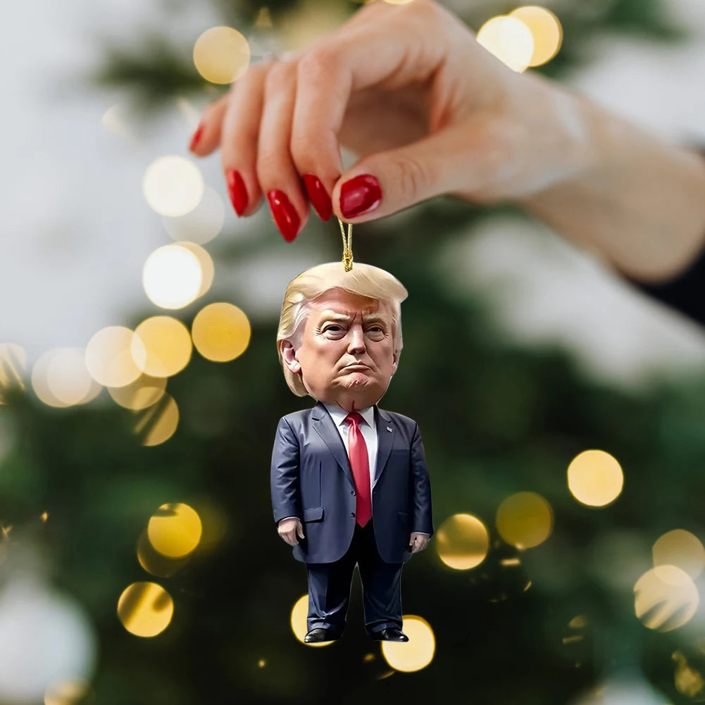 Donald Trump-inspired Christmas decoration – Fun acrylic ornament for your tree or car.